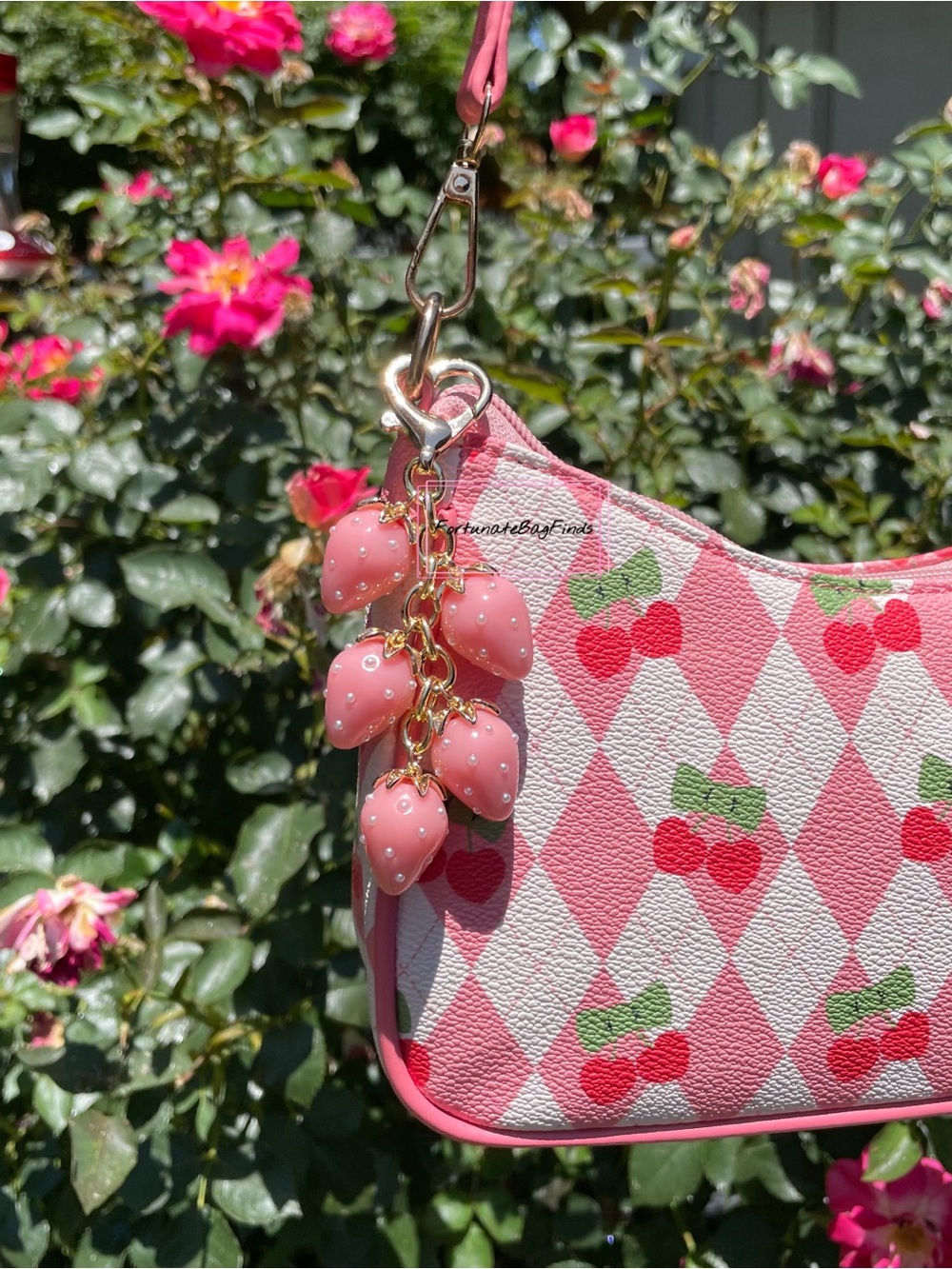Pink Pearl Heart Strawberry Cluster Charm Coquette Cute Kawaii Bag Purse Charm - Picture 2 of 7